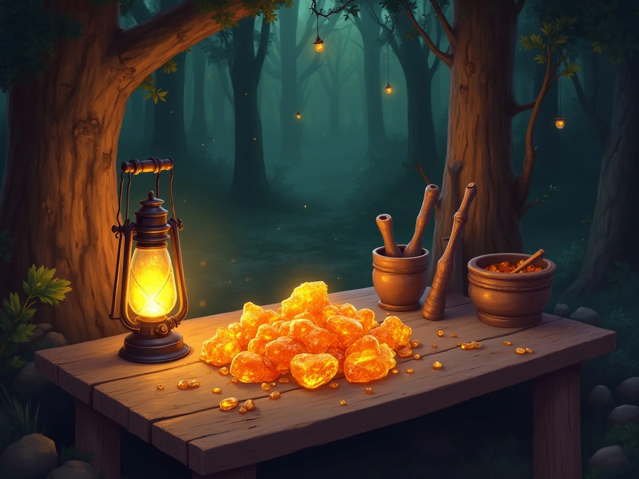 A cozy forest workshop with glowing amber chunks and a lantern