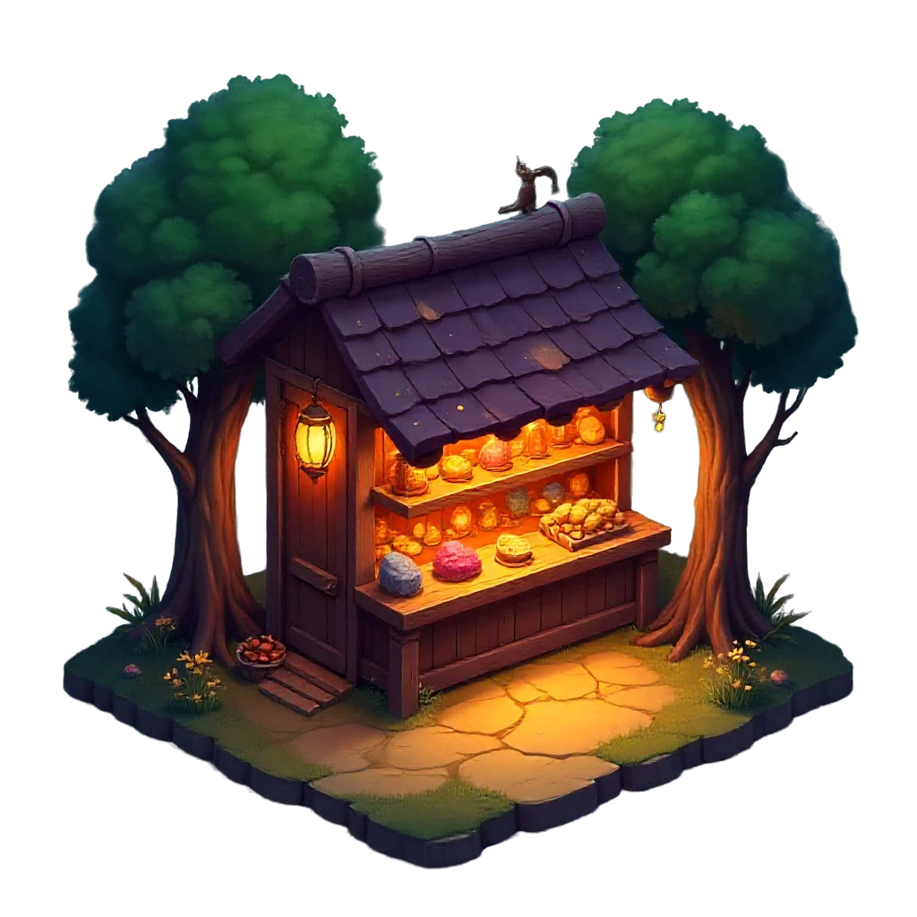A glowing amber market stall stocked with fossils and gems in the forest