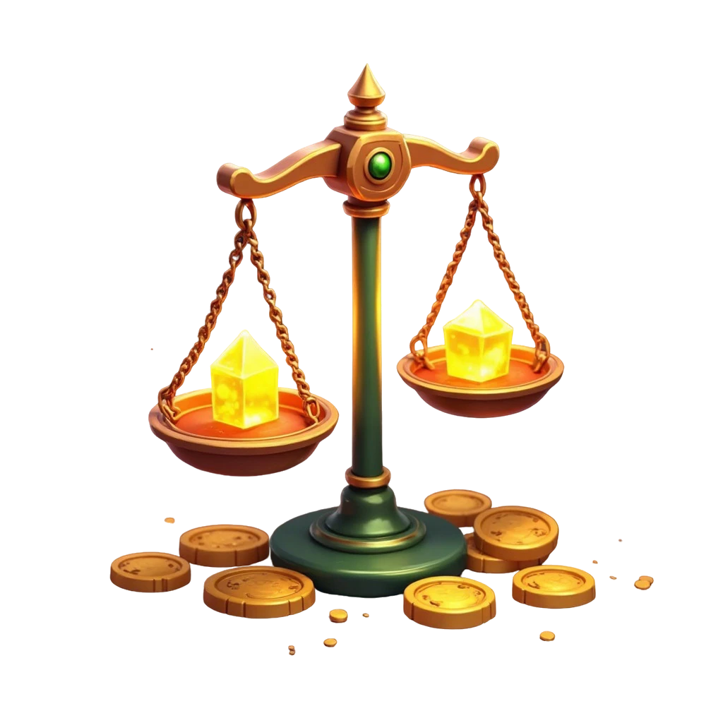 Market scale weighing amber and coins