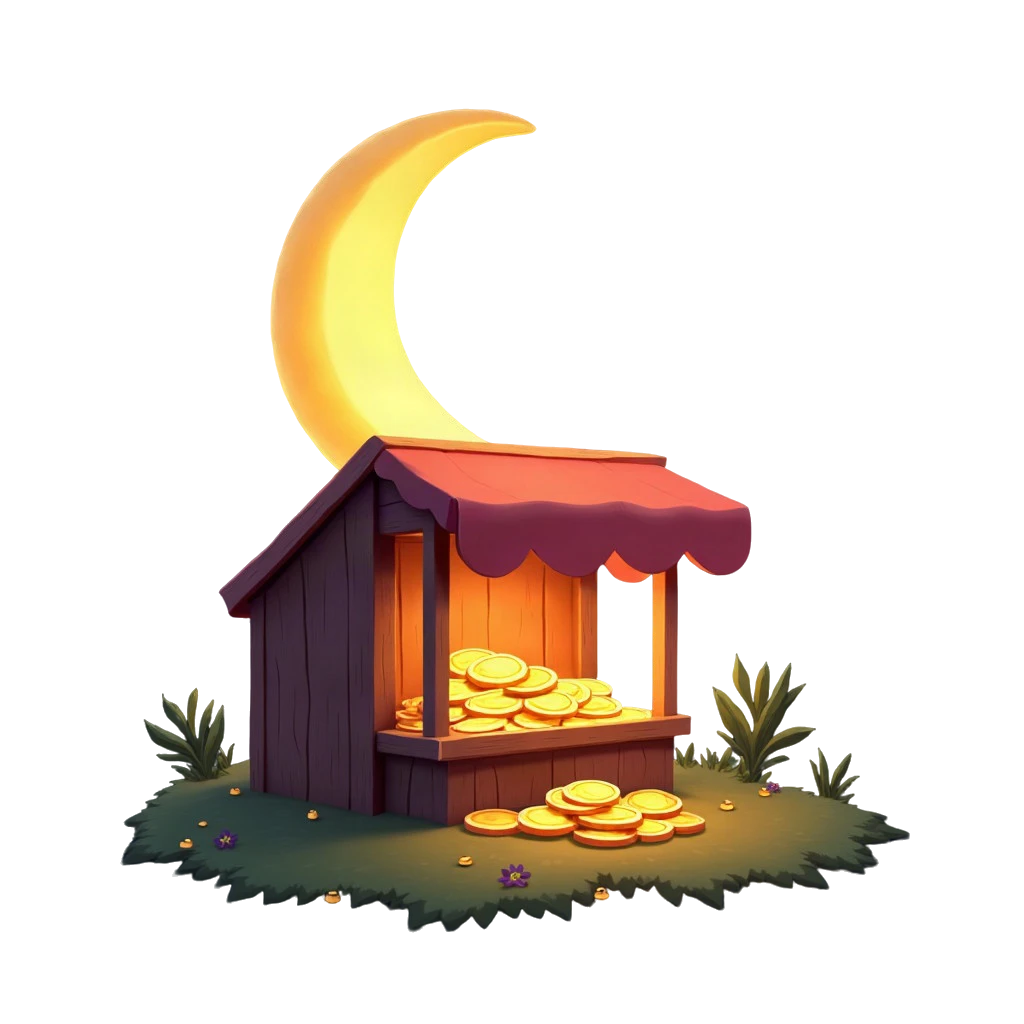 Moonlit market stall earning coins overnight